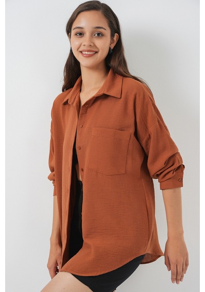 Bigdart 20153 Tek Cepli Oversize Keten Gömlek - A. Kiremit