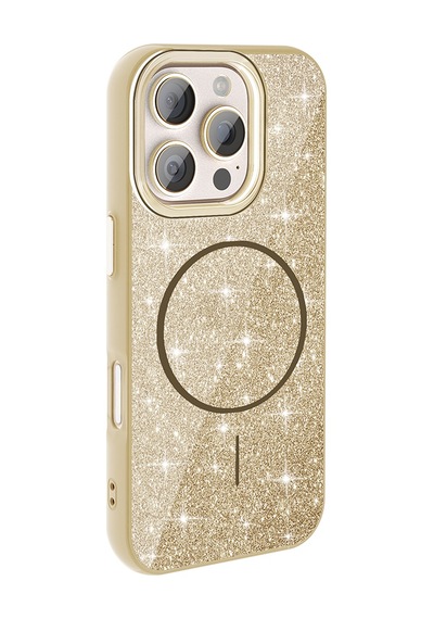 Zore İphone 16 Pro Max Kılıf Magsafe Şarj Özellikli Parlayan Simli Nvth Okso Kapak - Gold