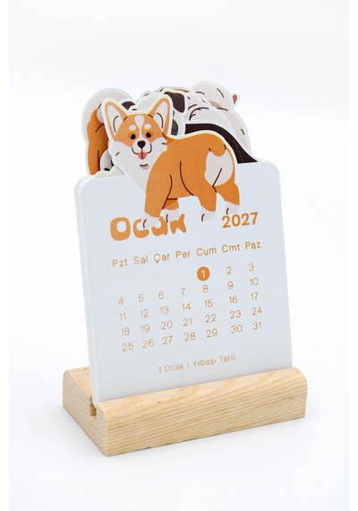 Ahşap Standlı Özel Kesim Neşeli Corgi Tasarımlı 2027 Masaüstü Takvimi 8,5x12 Cm - Sevimli Yeni Yıl Hediyesi Çok Renkli