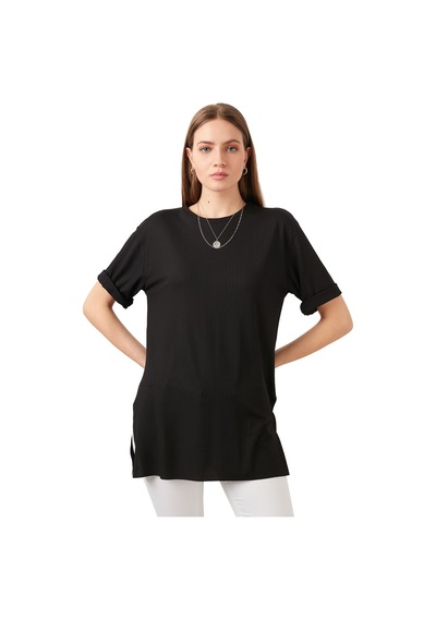 Lela Oversize Bisiklet Yaka Yırtmaç Detaylı Bayan Bluz 5863683 Siyah