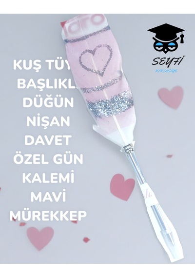 Kuş Tüyü Başlıklı Düğün Nişan Davet Özel Gün Kalemi Mavi Mürekkep Kalp