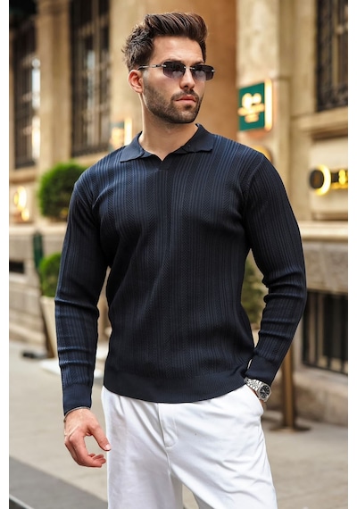 Madmext Koyu Lacivert Polo Yaka Desenli Over Fit Erkek Triko Kazak E7517