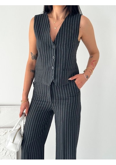 Moda Kadın Çizgili Tansel Kumaş Yelek Pantolon İkili Takım Ofis Şık Modern - Füme Çok Renkli