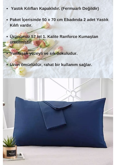Lacivert Renkli Pamuklu Ranforce Kumaştan Yastık Kılıfı 2 Adet