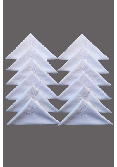 Çiçek İşlemeli Bayan Mendili 12 Adet 28x28 Cm 100 Pamuk Beyaz