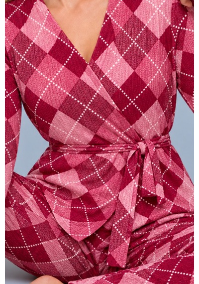 Kadın Desenli Ev Stili Kuşaklı Pembe Pijama Takımı 4808