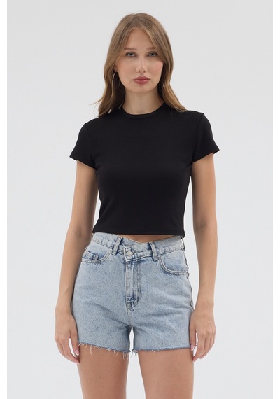 Urbantrendstore Kadın Bisiklet Yaka Likralı Kısa Kol Body Crop Bluz Günlük Şık Sade Yazlık Casual Crop Kadın Crop Siyah