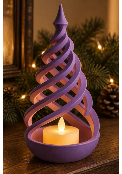 Minimalist Spiral Noel Ağacı Şeklinde Led Mum Tutucu Mor