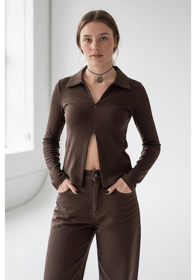 Kahverengi Polo Yaka Çift Fermuarlı Slim Fit Kadın Body Mg2652 Kahverengi Kahverengi Polo Yaka Çift Fermuarlı Slim Fit Kadın Body Mg2652 Kahverengi