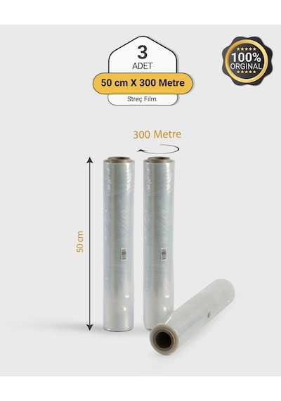 3 Adet Eşya Mobilya Sarma Koruma Şeffaf Ambalaj Palet Streci 50cm X 300mt