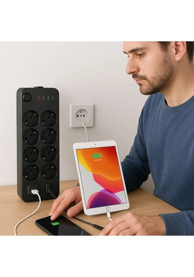 Durukar Akım Korumalı Termal Uzatma Kablosu 10 Priz, 2 Usb Ve 2 Type-c Girişli, Güçlü Çoklu Priz Standart