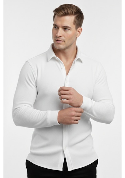 Deepsea Beyaz Slim Fit Örme Kumaş Likralı Erkek Gömlek Nefes Alan Esnek Ve Modern Tasarım 2602604 Beyaz