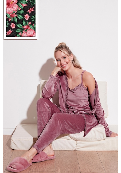 Lela Regular Fit Dantelli Yumuşak Dokulu Sabahlıklı Kadife Bayan Pijama Takımı 6095545 Pudra