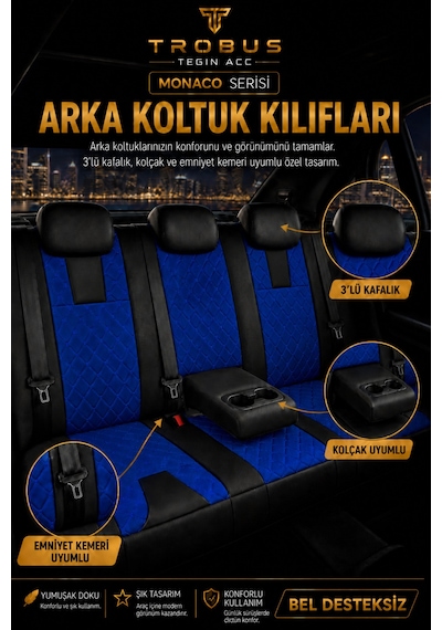 Vw Golf 7 Kasa 2013-2020 Uyumlu Monaco Serisi Eviza Deri Detaylı Mavi Koltuk Kılıfı