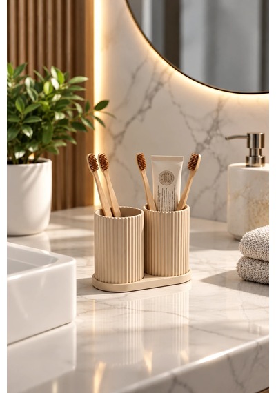Modern Banyo Organizeri Ve Çok Amaçlı Diş Fırçası Tutucu Bej