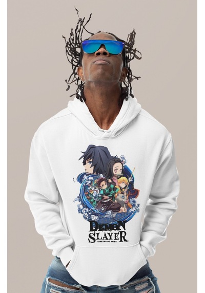 Sevbano Demon Slayer Kimetsu No Yaiba Baskılı Unisex Oversize Anime Hoodi beyaz