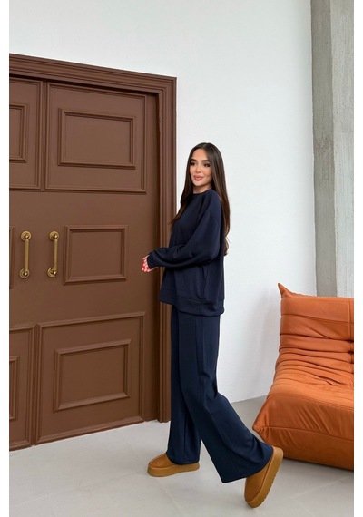 Mezka Basic Yumuşak Premium Kumaş Uzun Beli Lastikli Bol Paça Modal Alt-üst Takım Lacivert