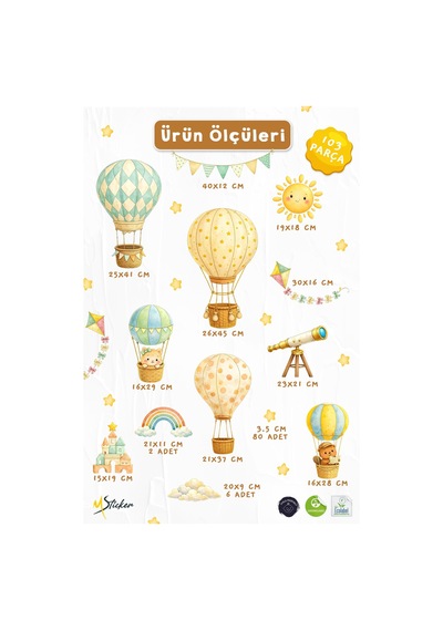 Balonlar Çocuk Odası Duvar Sticker Seti Gökkuşağı, Bulut Ve Yıldızlı Dekor 103 Parça Çok Renkli