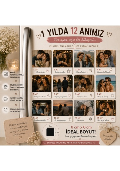 12'li Kare Fotoğraf Magneti Sevgiliye 12 Ay Anıları Kişiselleştirilebilir Hediye Seti