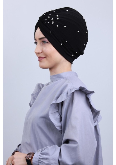 Melodi Scarf Kadın Tesettür İncili Taşlı Vera Dış Bone Siyah Siyah