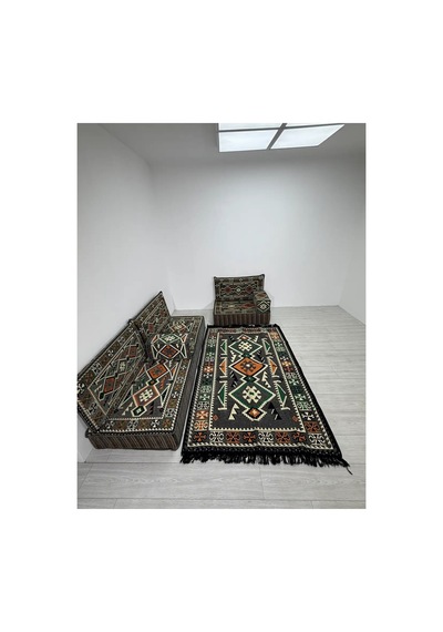 20 Cm Kalınlıklı Şark Köşesi Takımı - 70x190 + 70x95 Anadolu Gri Desenli Minder Seti