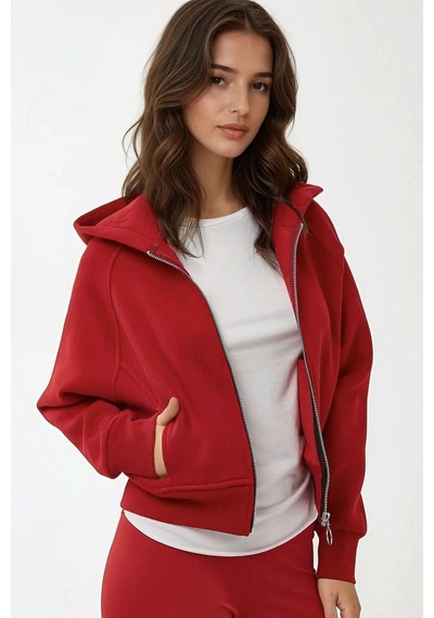 Hiccup Rahat Kesim Kapüşonlu Fermuarlı Hoodie Kırmızı