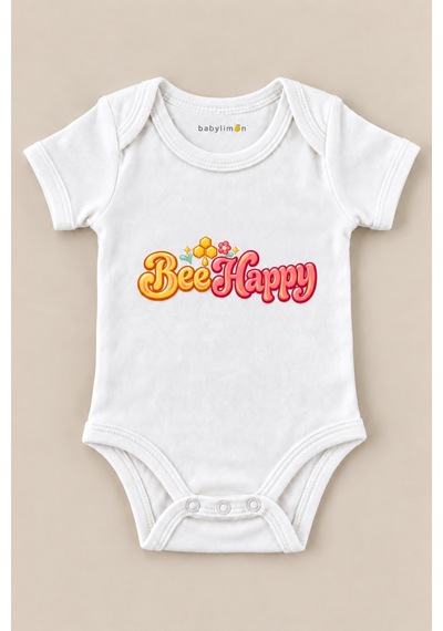 Babylimon Bee Happy Beyaz Kısa Kollu Çıtçıtlı Bebek Zıbını Beyaz - 930083782 Beyaz