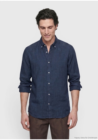 Ramsey İndigo Düz Casual Fit Uzun Dokuma Casual %100 Keten Gömlek