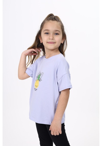 Toontoy Kız Çocuk Baskılı Bisiklet Yaka Kısa Kollu Tişört Mavi