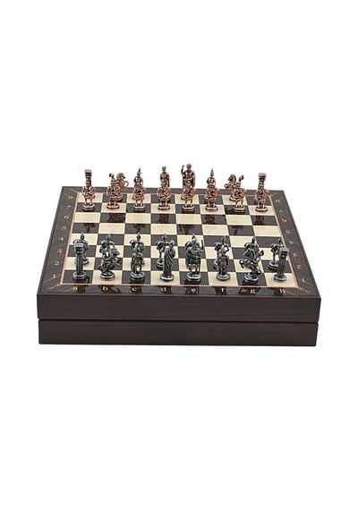 Orta Boy Metal Roma Satranç Takımı Antik Ve Ceviz Desenli Sandıklı Mdf Tahtası 36x36x6 Cm.