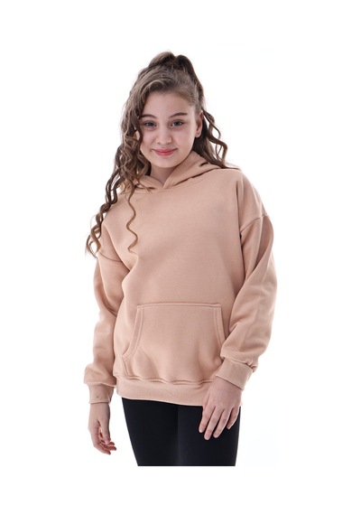 Unisex Çocuk Kapüşonlu Sweatshirt Rahat Günlük Spor Giyim Oversize Model Krem Renkli Bej