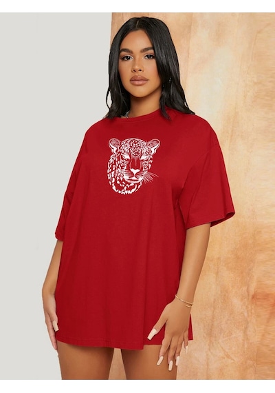 Flood Of Style Kadın Kırmızı Leopar Figür Baskılı Oversize T-shirt
