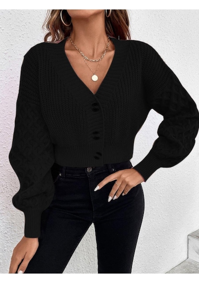 Aqe Fashion V Yaka Örgü Desenli Triko Crop Siyah Hırka Siyah