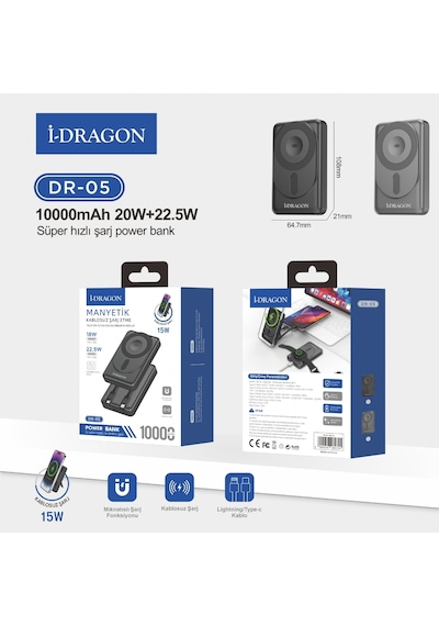 İdragon Dr-05 10000mah Manyetik Kablosuz Hızlı Şarj Powerbank - 15w Magsafe, 22.5w Çıkış, Dahili Kablolu Taşınabilir Şarj Cihazı Gri
