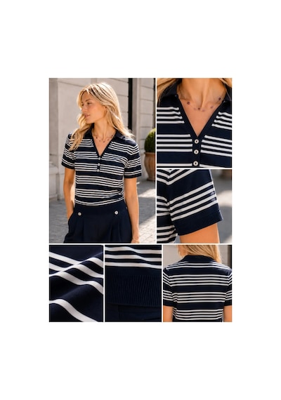 Meridefashion Kadın Lacivert Beyaz Çizgili Triko Bluz Şık Polo Yaka Yazlık Üst M