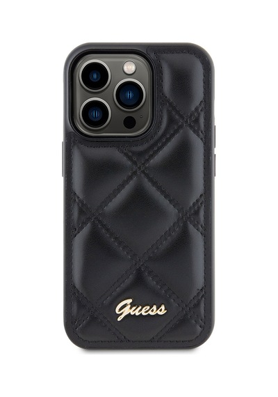 Apple iPhone 14 Pro Max Uyumlu Kılıf Guess  Lisanslı Pu Deri Metal Yazı Logolu Kapitone Kapak Siyah