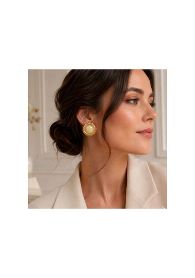 Gold Burgu Çerçeveli Krem Taşlı Küpe Krem - 886705171 Krem - 886705171 Krem