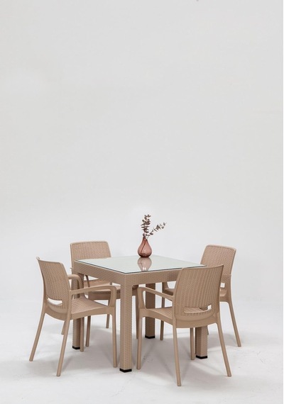 Rattan Small Lüx Camlı Cappucino Masa Takımı Bahçe&balkon 1 Camlı Masa + 4 Sandalye Diğer