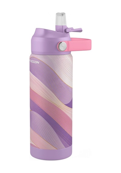 Puccon 540 Ml Dalga Desenli Lila Kız Çocuk Pipetli Çelik Termos Matara/suluk - 60056