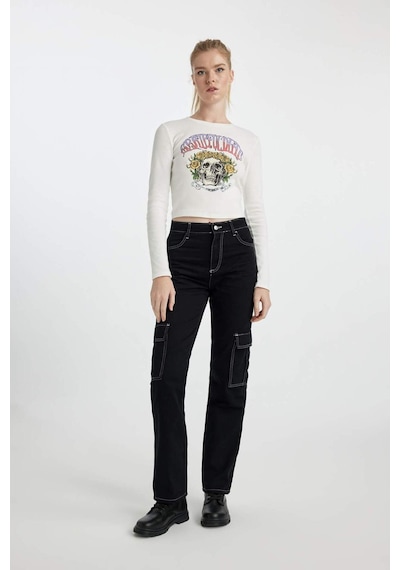 DeFacto Coool Straight Fit Gabardin Pantolon Kargo Cepli Yüksek Bel B0458AX23AUBK27 Siyah