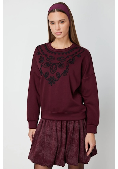 On Fashion Kadın Yakası İşlemeli Bordo Sweatshirt 66357 Bordo