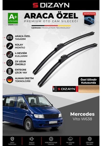 S-dizayn Mercedes Vito W638 Ön Cam Silecek Seti 1996-2003 Premium Araca Özel 65-55 Cm A+ Kalite Aocs