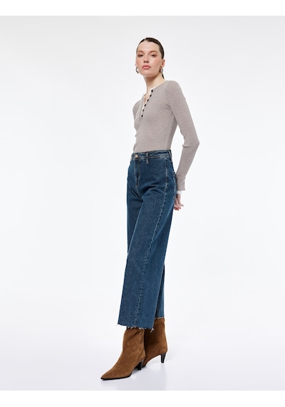 Koton Yüksek Bel Rahat Kalıp Geniş Paça Jean Pantolon - Culotte Jeans Green Cast 6wal40213md Yeşil