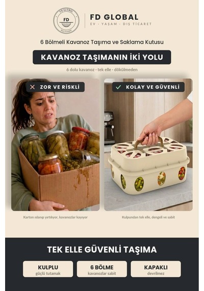 6 Bölmeli Kavanoz Taşıma Ve Saklama Kutusu Kulplu Mutfak Organizeri, Turşu Reçel Konserve Kavanozu Düzenleyici, İstiflenebilir Kiler Ve Dolap İçi Kasa Bej Bej