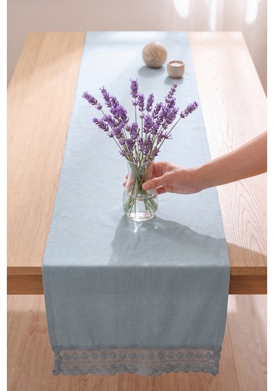 Mineral Blue Lacy Pamuklu Dantelli Runner 40x150 Cm Mavi
