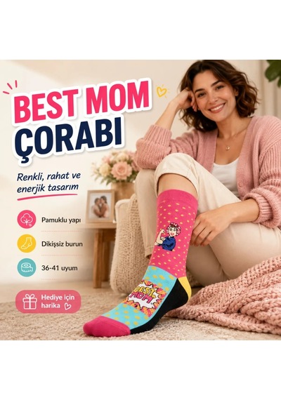 DS Wak Best Mom Kadın Çorabı 36-40 Pamuklu Dikişsiz Burun Pop Art Desenli Renkli Soket Hediyelik Çorap Çok  Renkli