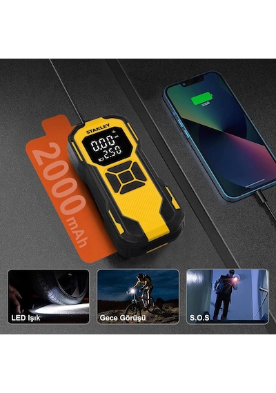 Stanley Sxıf0101 12v / Şarjlı Li-ion 150 Psı Dijital Göstergeli Akıllı Lastik Şişirme Pompası+powerbank+sos+led Lamba