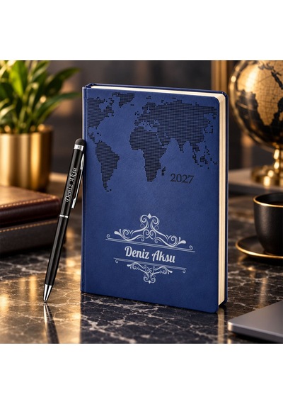 Bk Gift Kişiye Özel 378 Termo Deri Tarihli Ajanda & Siyah Touch Pen Tükenmez Kalem-2 Lacivert