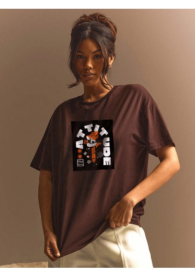 Uyguntarz Unisex Attitude Tasarım Basklı Tshirt Kahverengi