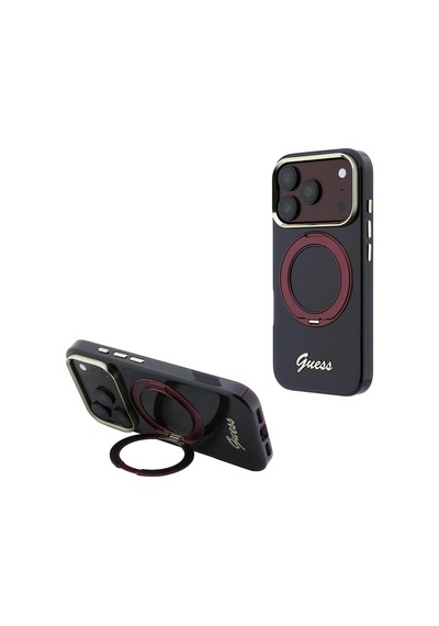 Apple iPhone Uyumlu 18 Pro Kılıf Guess Lisanslı M-safeli Dönebilen Standlı Metal Yazı Logolu Silikon Kapak Bordo